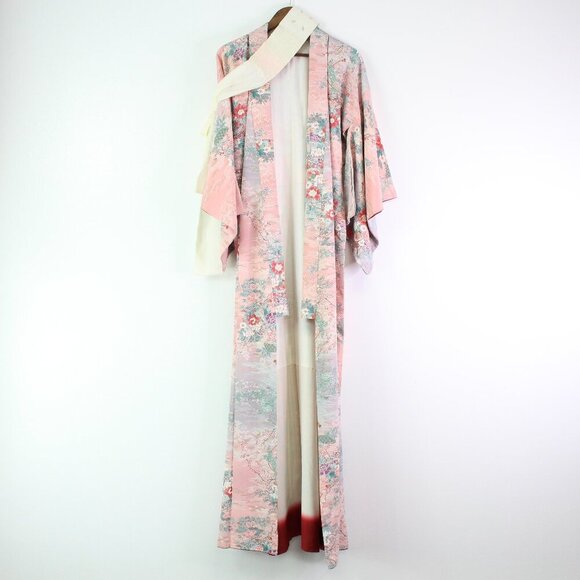 Japanese Mid-Century Kimono Floral Pink‎ Dress OS - Picture 2 of 9